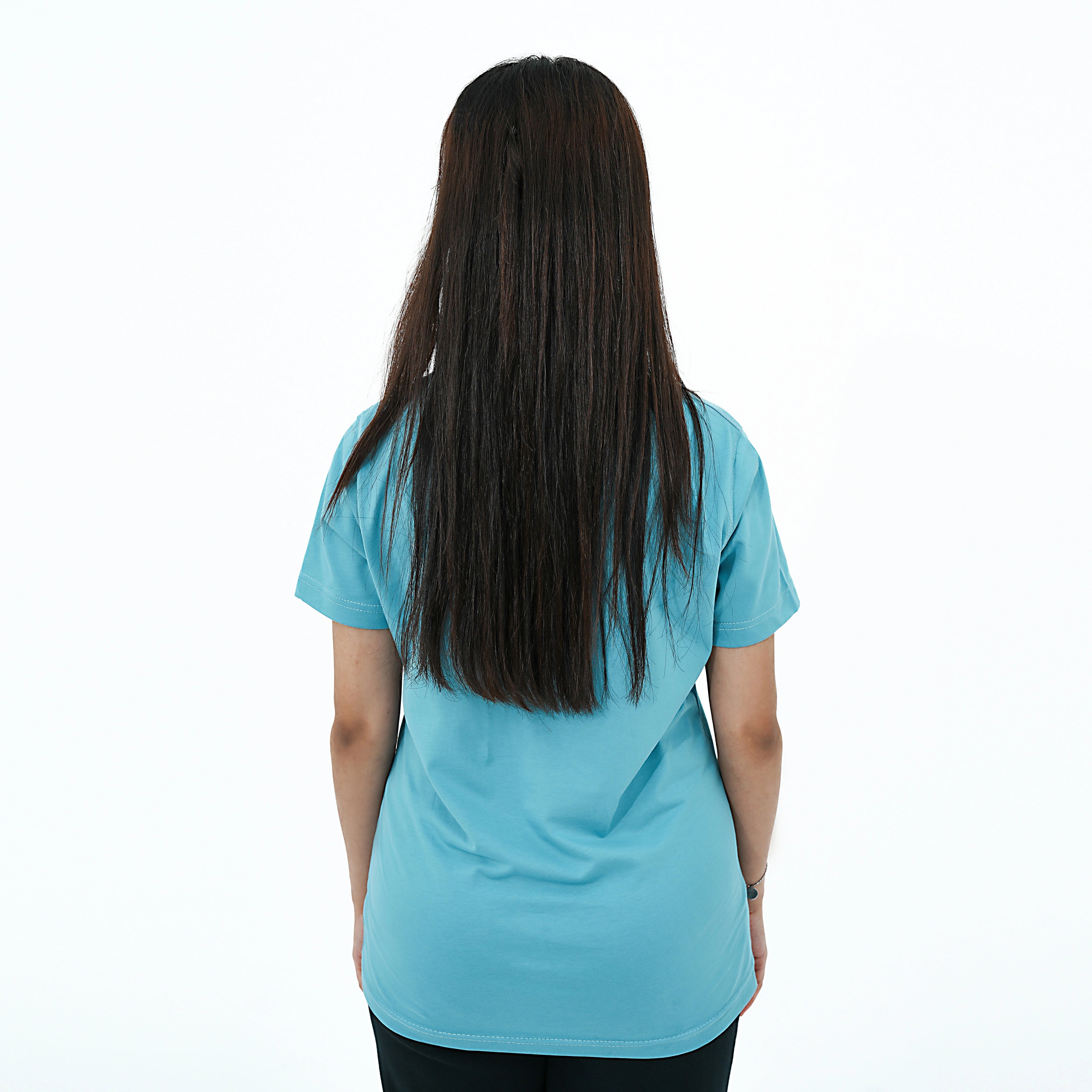 Women's BSG positivity v-neck shirt in teal, featuring a relaxed fit and soft fabric for comfort
