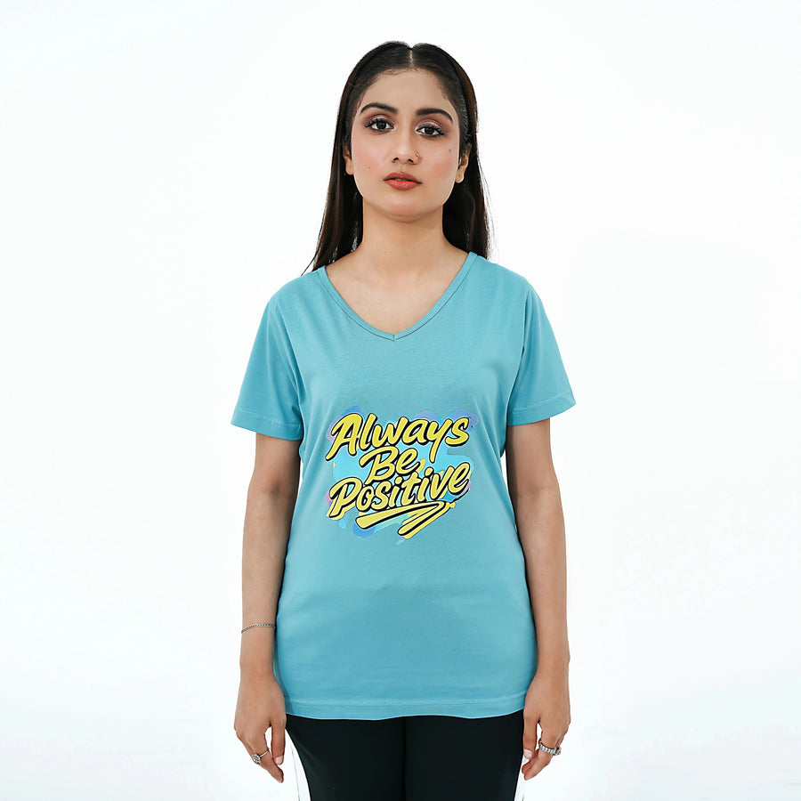 BSG positivity v-neck shirt in blue with 'Always Be Positive' slogan for a cheerful style