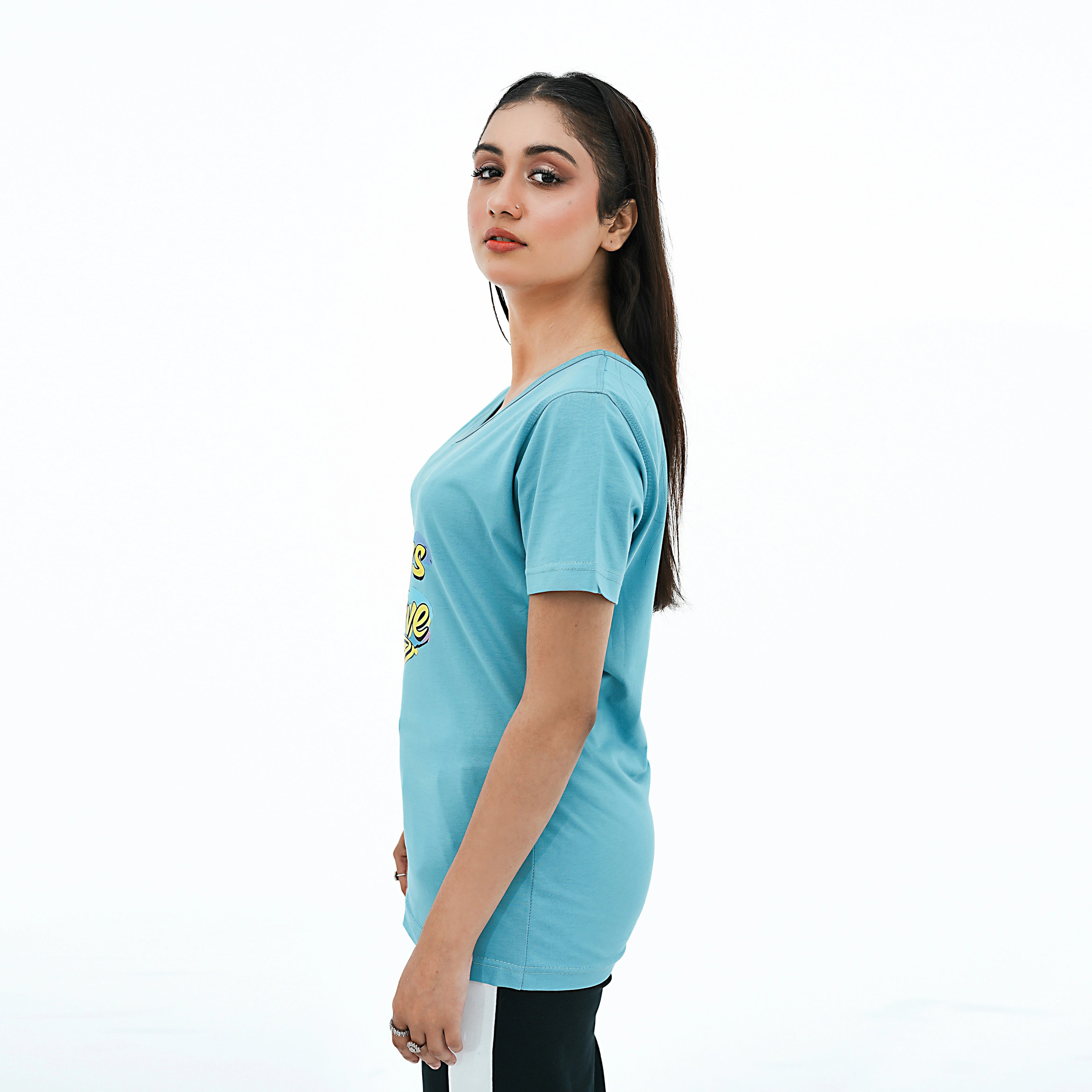 BSG Women's Positivity V-Neck Shirt in Light Blue with Inspirational Print