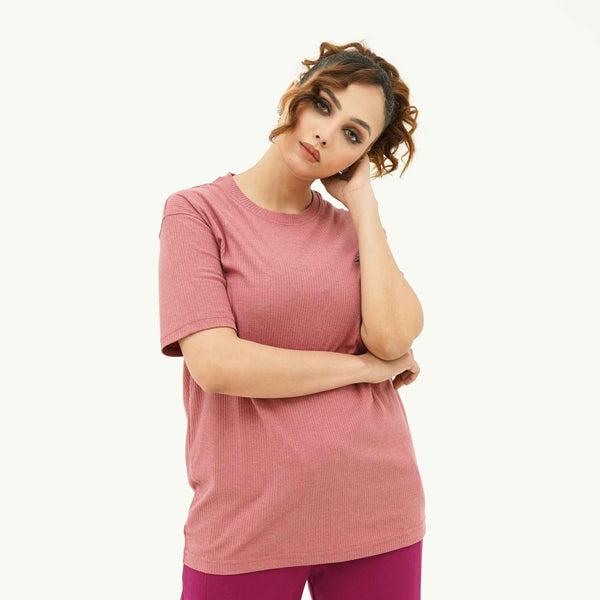 BSG Women's Radiant Rouge Straight Tee Shirt styled with short sleeves and a relaxed fit