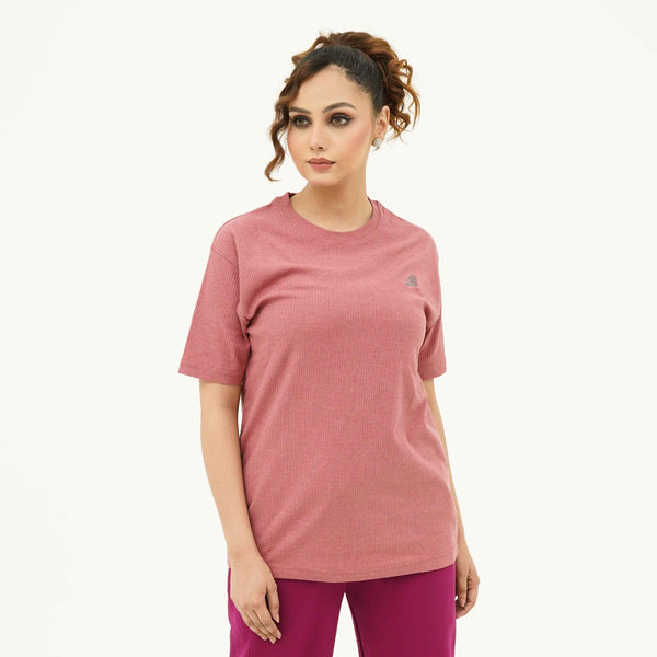 BSG Radiant Rouge Straight Tee Shirt on woman with short sleeves and relaxed fit