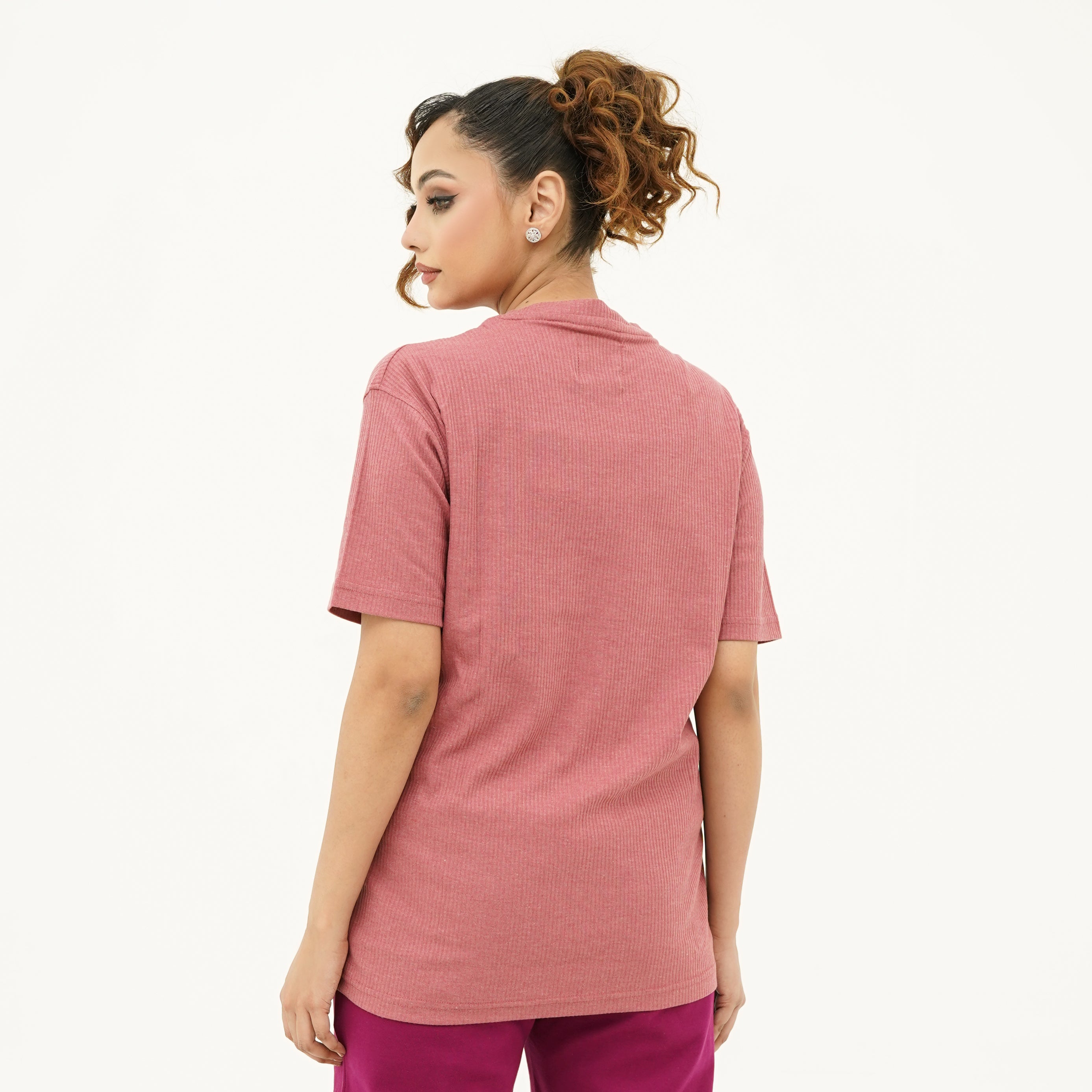 Back view of Women's BSG Radiant Rouge Straight Tee Shirt in soft fabric perfect for casual wear