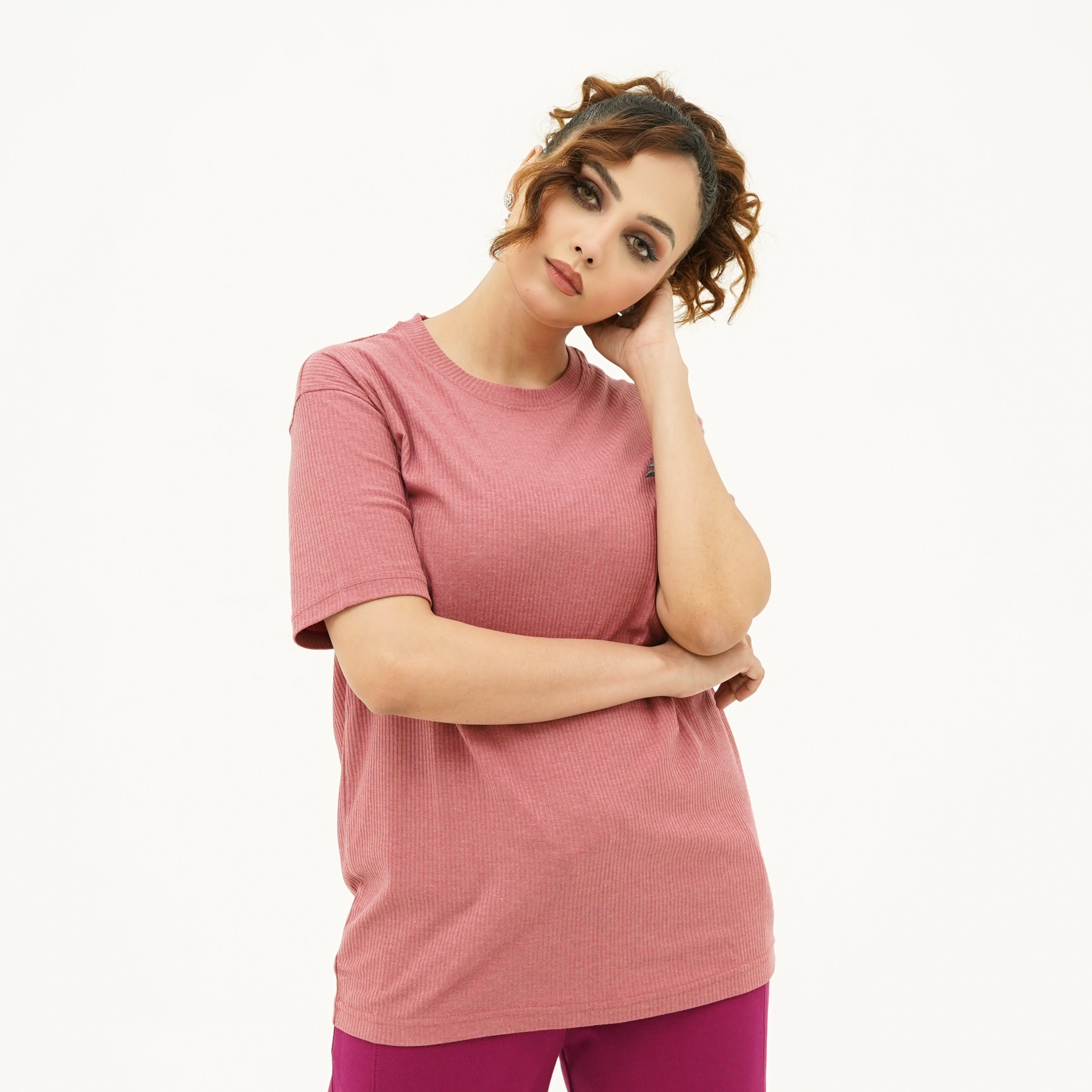 BSG Women's Radiant Rouge Straight Tee Shirt in soft pink fabric for casual everyday wear