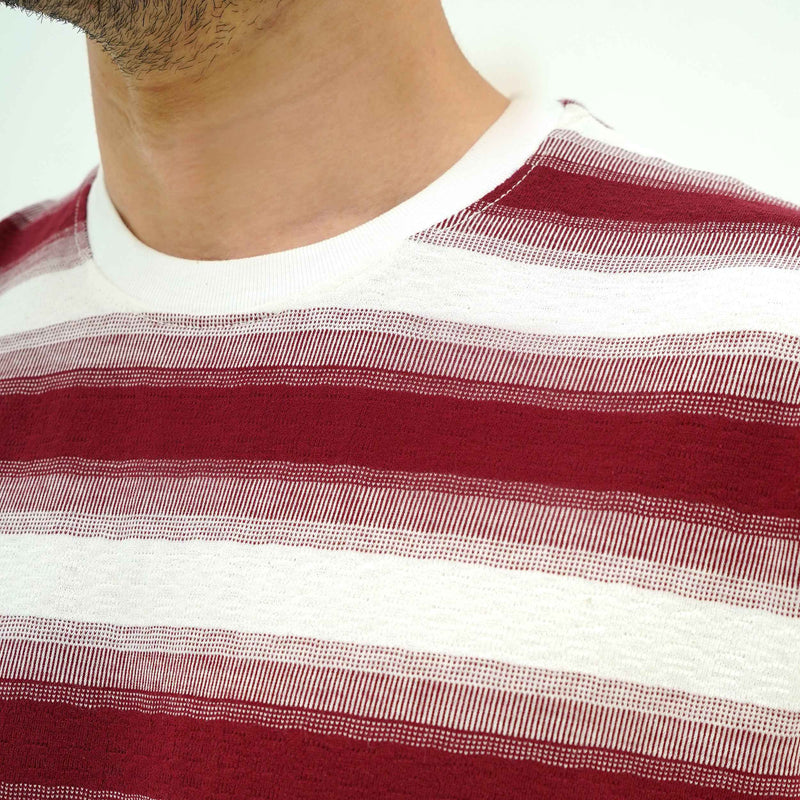 BSG men's Red Wave Stripes Tee with red and white horizontal wave stripe pattern close-up