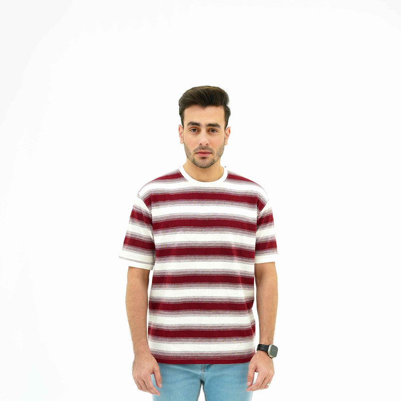 BSG men's Red Wave Stripes Tee with red and white horizontal stripes and short sleeves