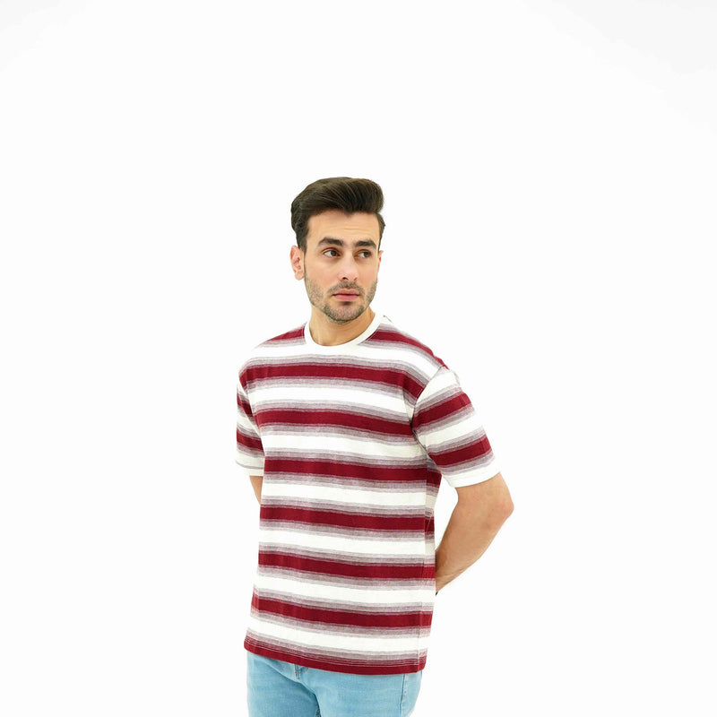 Men's Red Wave Stripes Tee by BSG with horizontal red and white stripes and casual fit