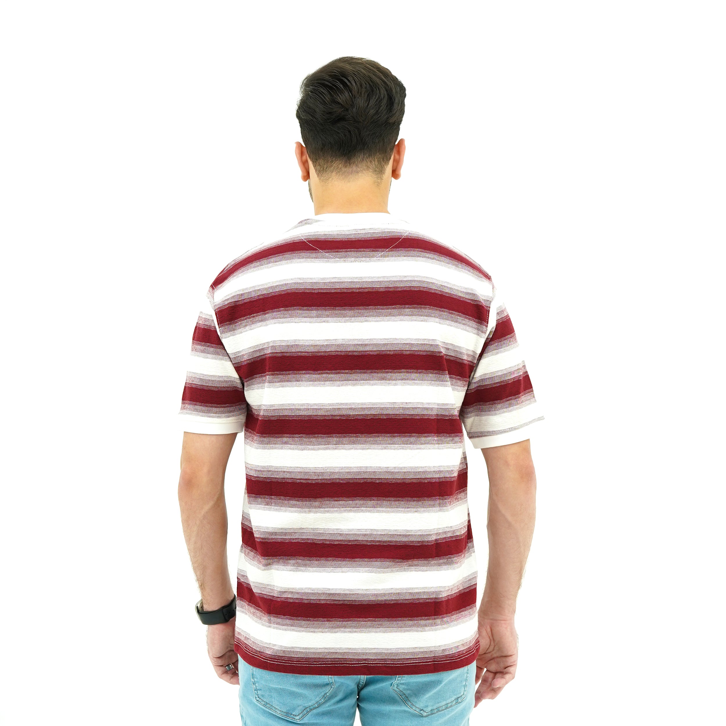 Back view of BSG Red Wave Stripes Tee featuring bold horizontal stripes in varying shades of red and white