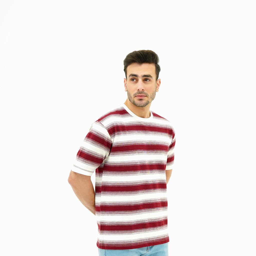 Men's Red Wave Stripes Tee by BSG with bold horizontal stripes for a stylish look