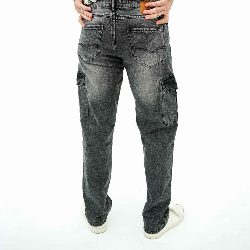 BSG men's rugged multi-pocket cargo denim jeans in faded black shown from the back