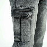 BSG men's rugged multi-pocket cargo denim jeans in faded black close-up on side pocket