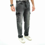 BSG rugged multi-pocket cargo denim men's jeans in faded black with side pockets and white sneakers