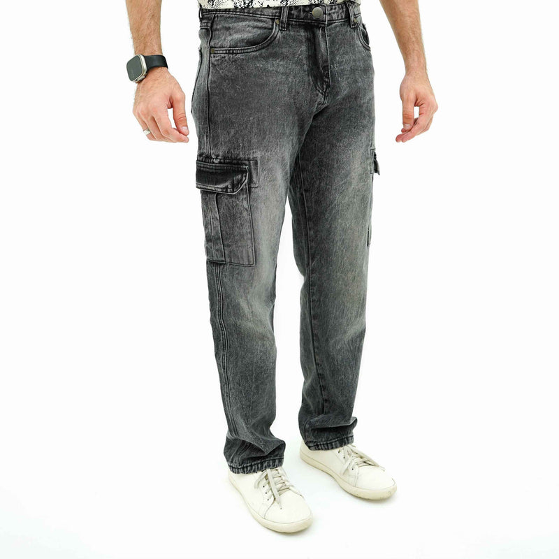 BSG rugged multi-pocket cargo denim men's jeans in faded black with side pockets and white sneakers