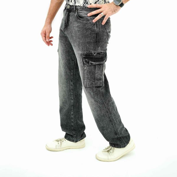 BSG men's rugged multi-pocket cargo denim jeans in black wash with side pockets