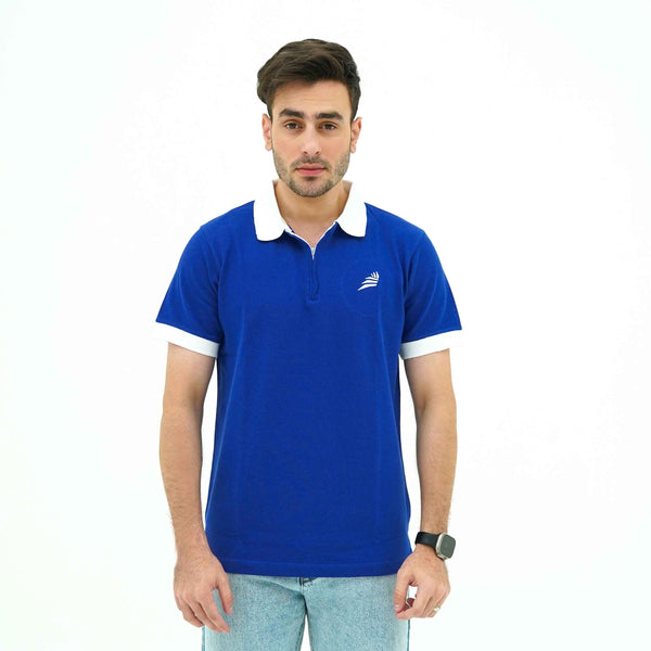 Men wearing BSG Sapphire Collar Noble Blue Zip Polo shirt with white collar and sleeve edges