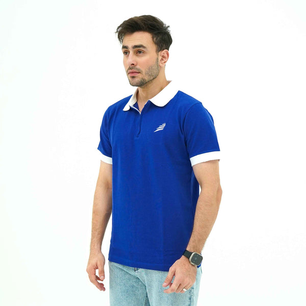 Men's BSG Sapphire Collar Noble Blue Zip Polo with white collar and sleeve cuffs, styled with light blue jeans