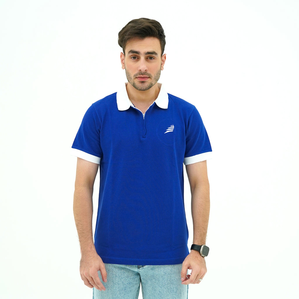 Men's Sapphire Collar Noble Blue Zip Polo Shirt with Contrast White Sleeves for a Stylish Look