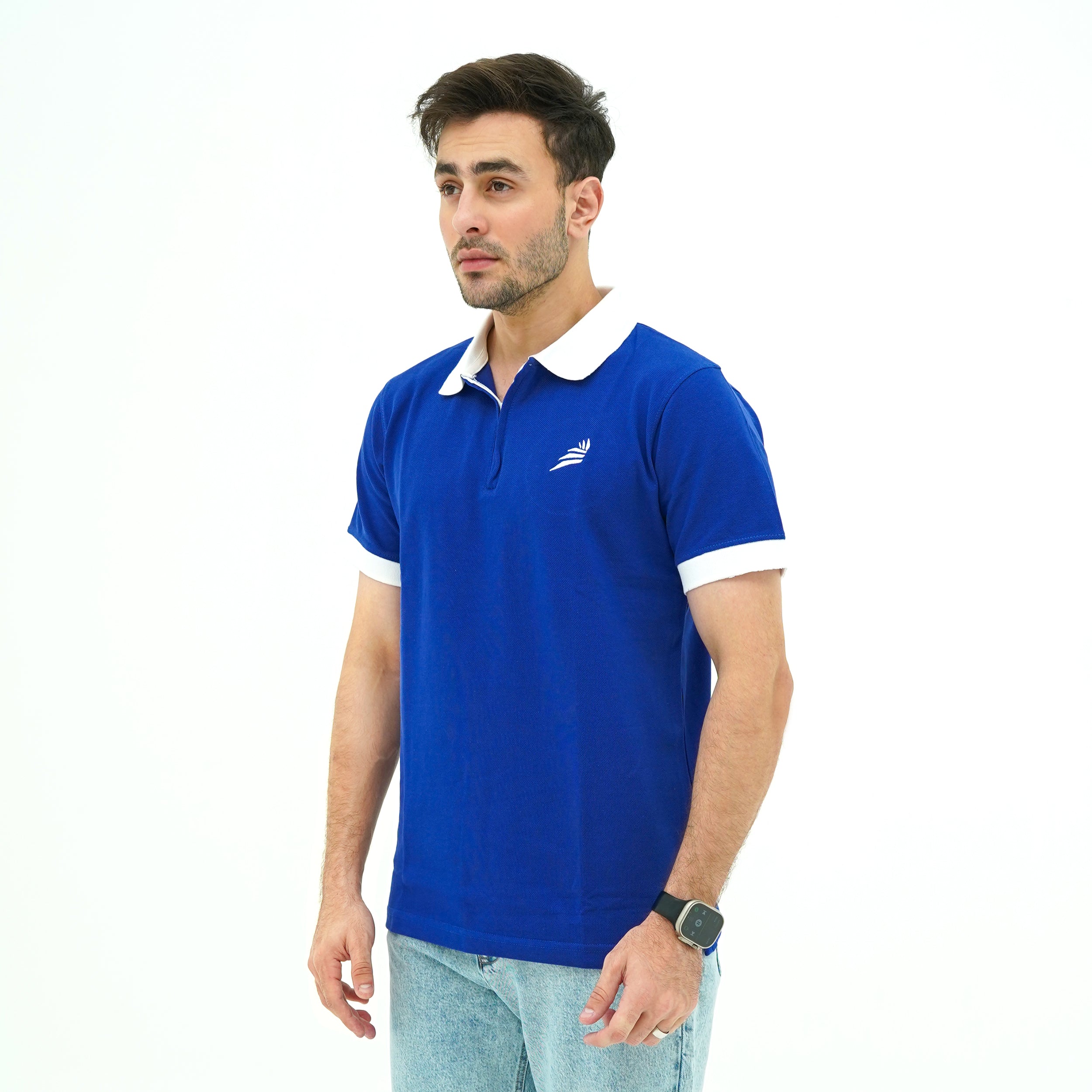 Men's Polo Shirt in Noble Blue with a Sapphire Collar and Zip Detail from BSG