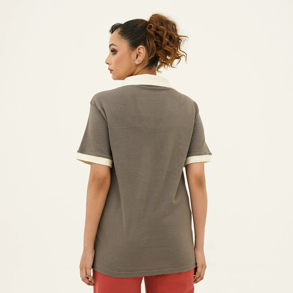 Back view of Women's Self Embossed Brown Old Money Polo shirt with contrasting collar and sleeves