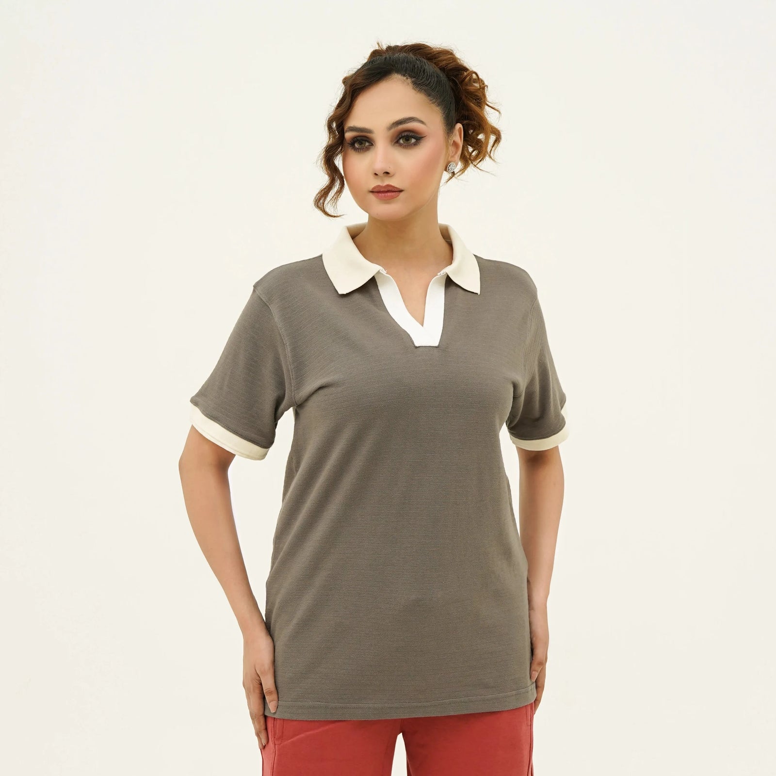 Women's Self Embossed Brown Old Money Polo Shirt with Cream Contrast Collar and Sleeves