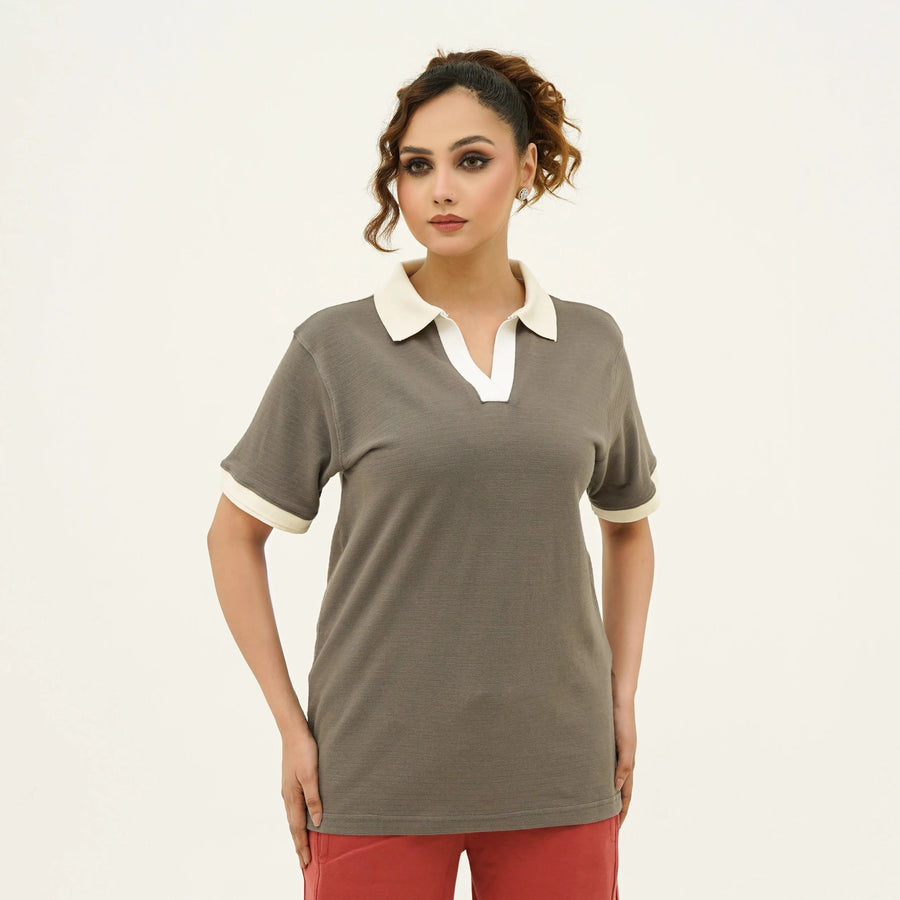 Women's Self Embossed Brown Old Money Polo Shirt with Cream Contrast Collar and Sleeves