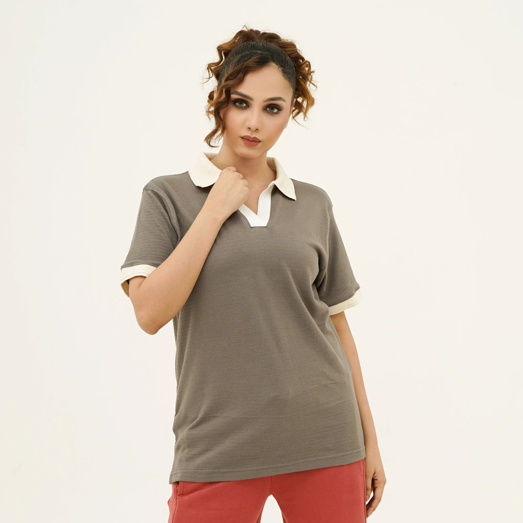 BSG Women's Self Embossed Brown Old Money Polo Shirt with Contrast Collar and Short Sleeves