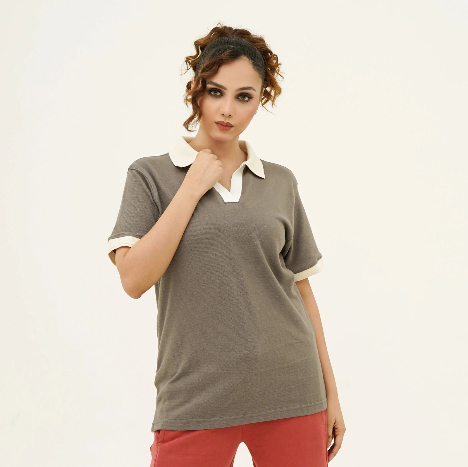BSG Women's Self Embossed Brown Old Money Polo Shirt with Contrast Collar and Short Sleeves