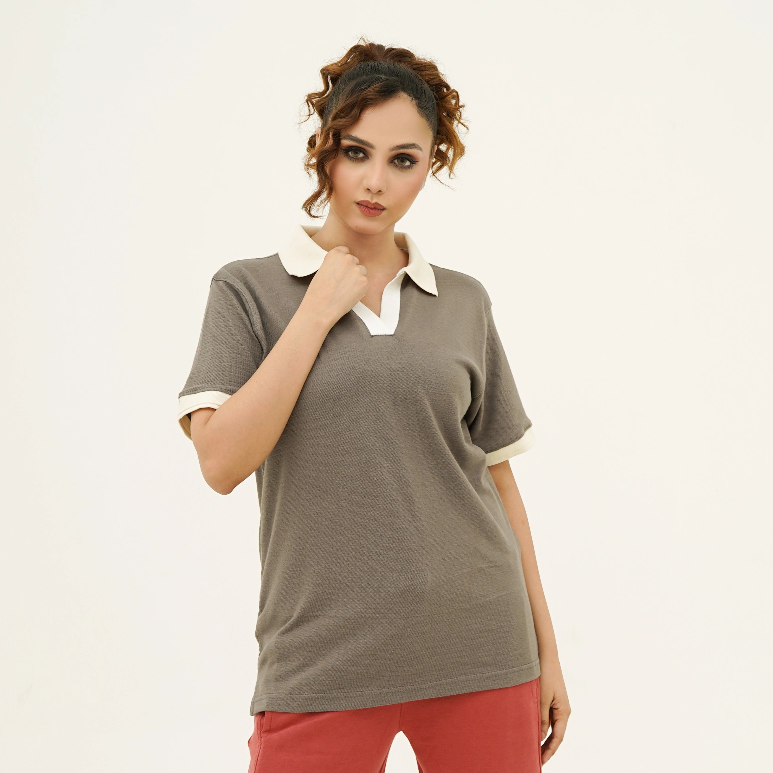 BSG Women's Self Embossed Brown Old Money Polo Shirt with Contrast Collar and Short Sleeves