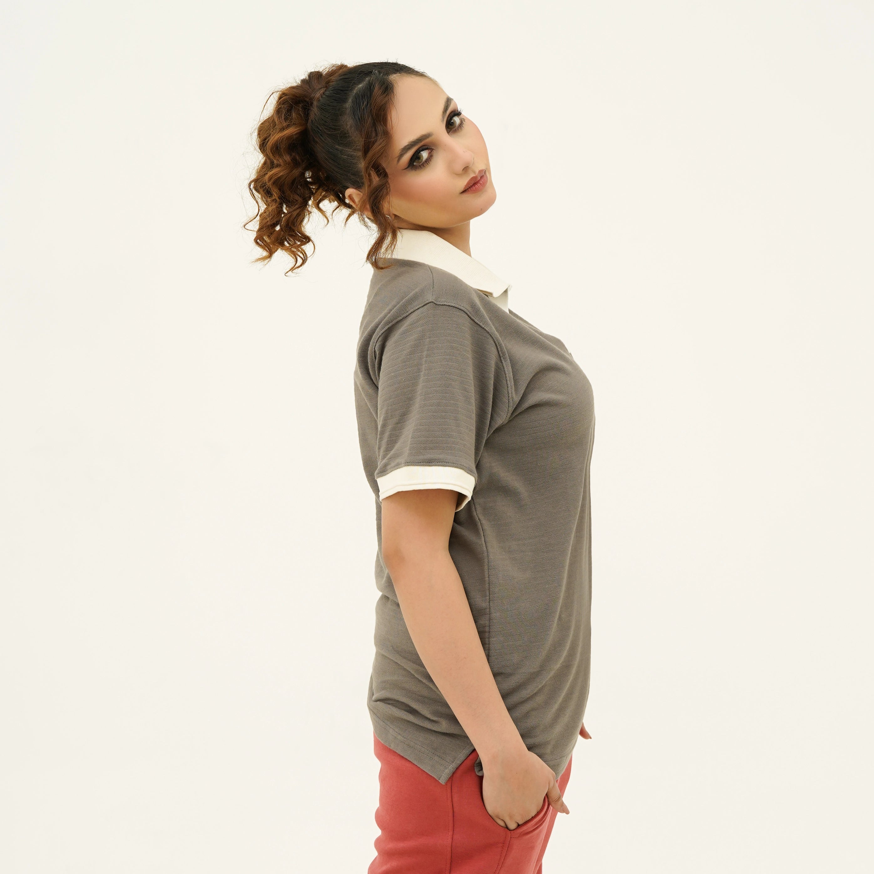 BSG Women's Self Embossed Brown Old Money Polo Shirt with Contrast Collar and Slim Fit