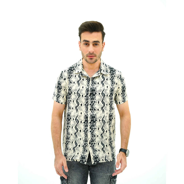 BSG men's casual Serpent Pattern Havana Shirt with black and white snake print and short sleeves