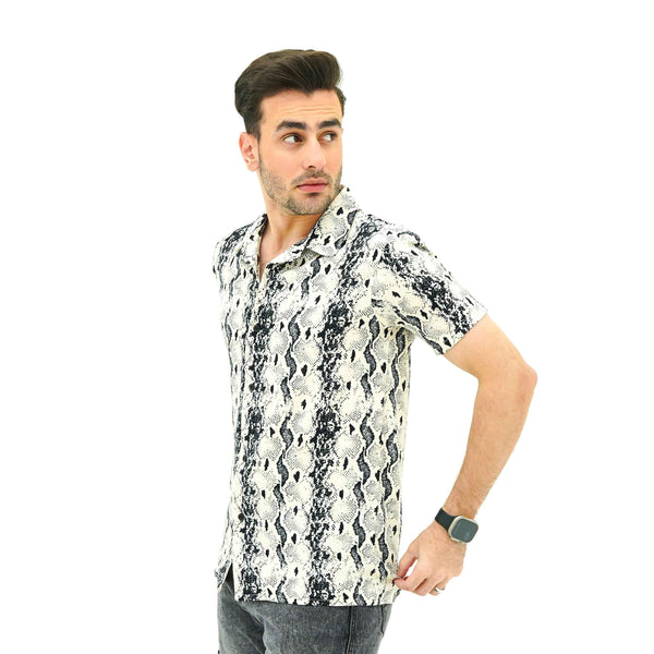 BSG men's casual Serpent Pattern Havana Shirt with short sleeves and black and white snake print design
