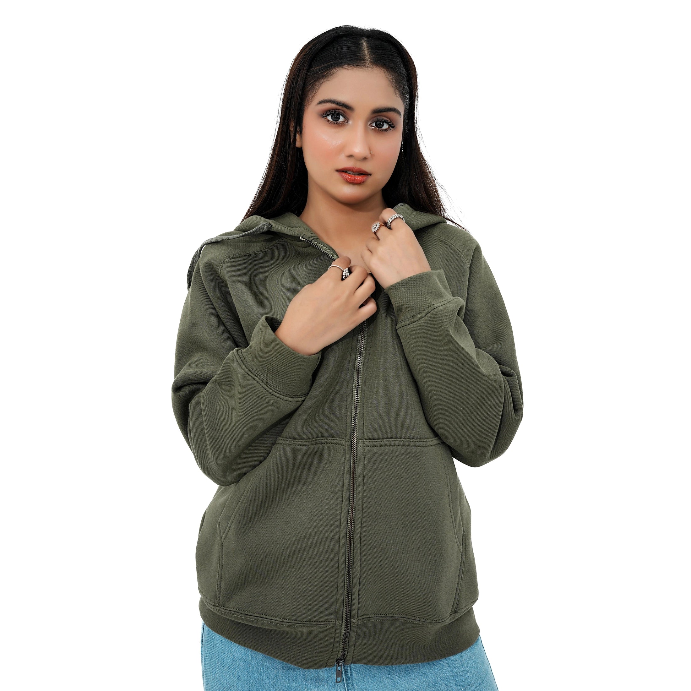 Soft Olive Luxe Zip Up Hoodie for women featuring a comfortable fit and stylish design
