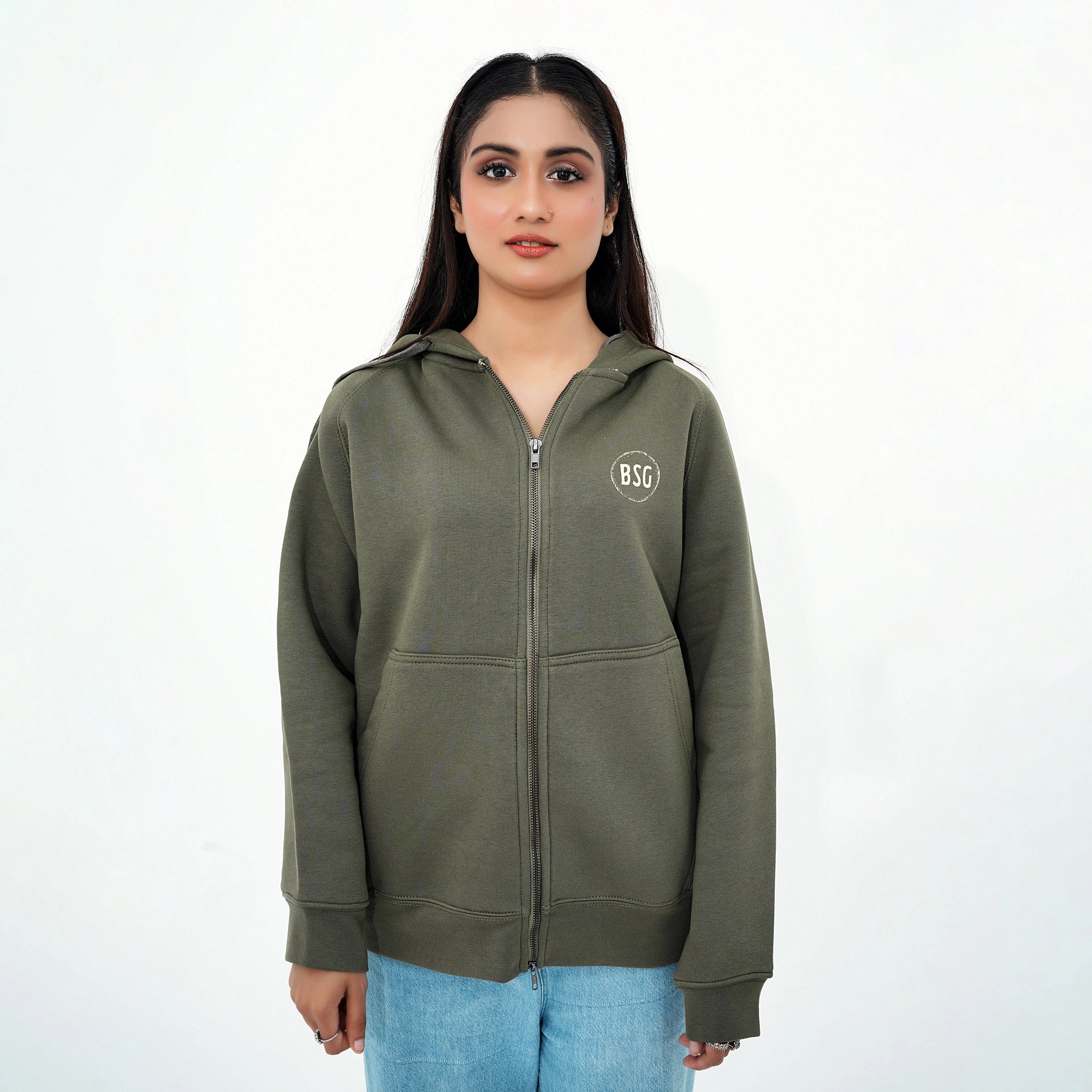 Soft Olive Luxe Zip Up Hoodie by BSG featuring a comfortable fit and stylish design