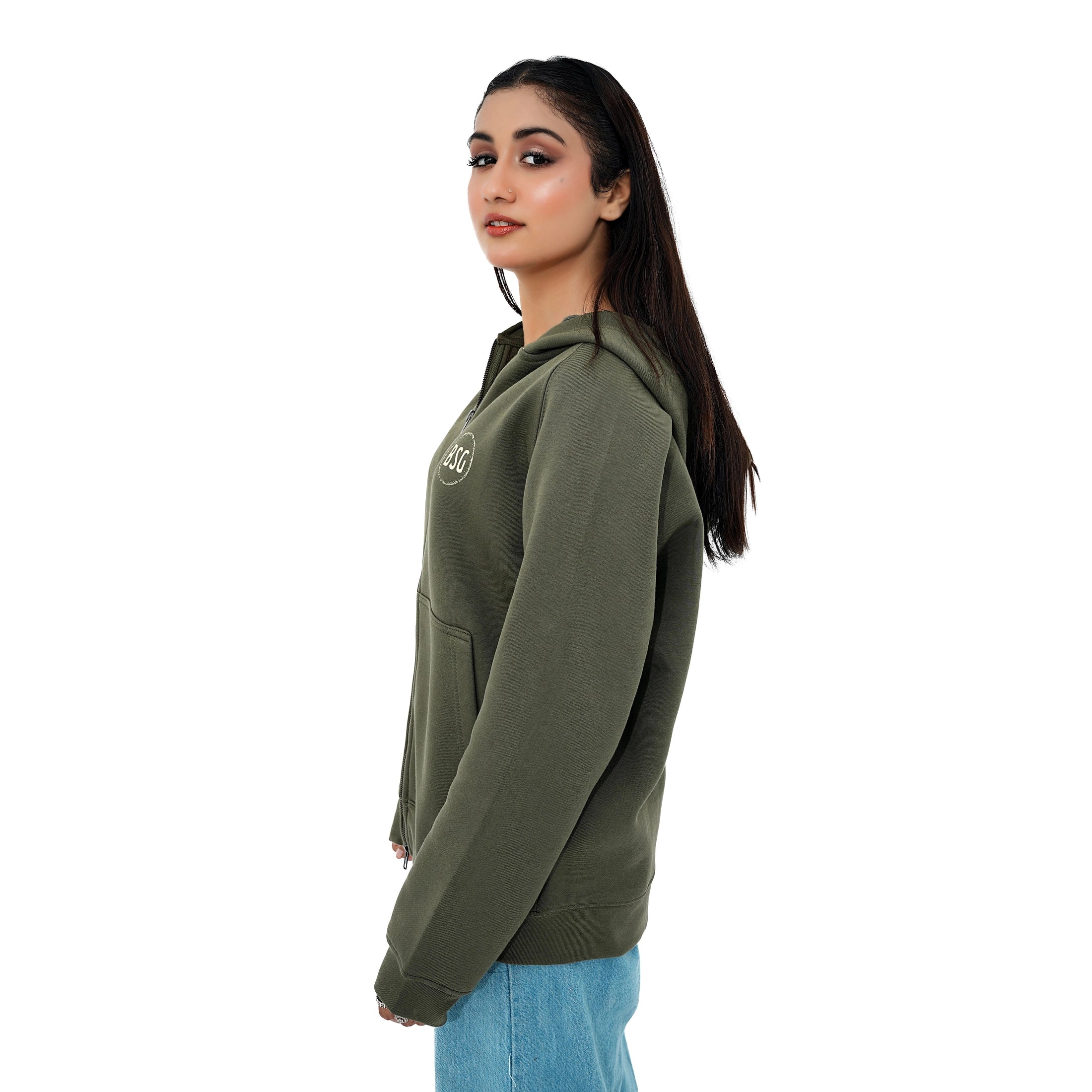 Soft Olive Luxe Zip Up Hoodie by BSG featuring a cozy design and side pockets