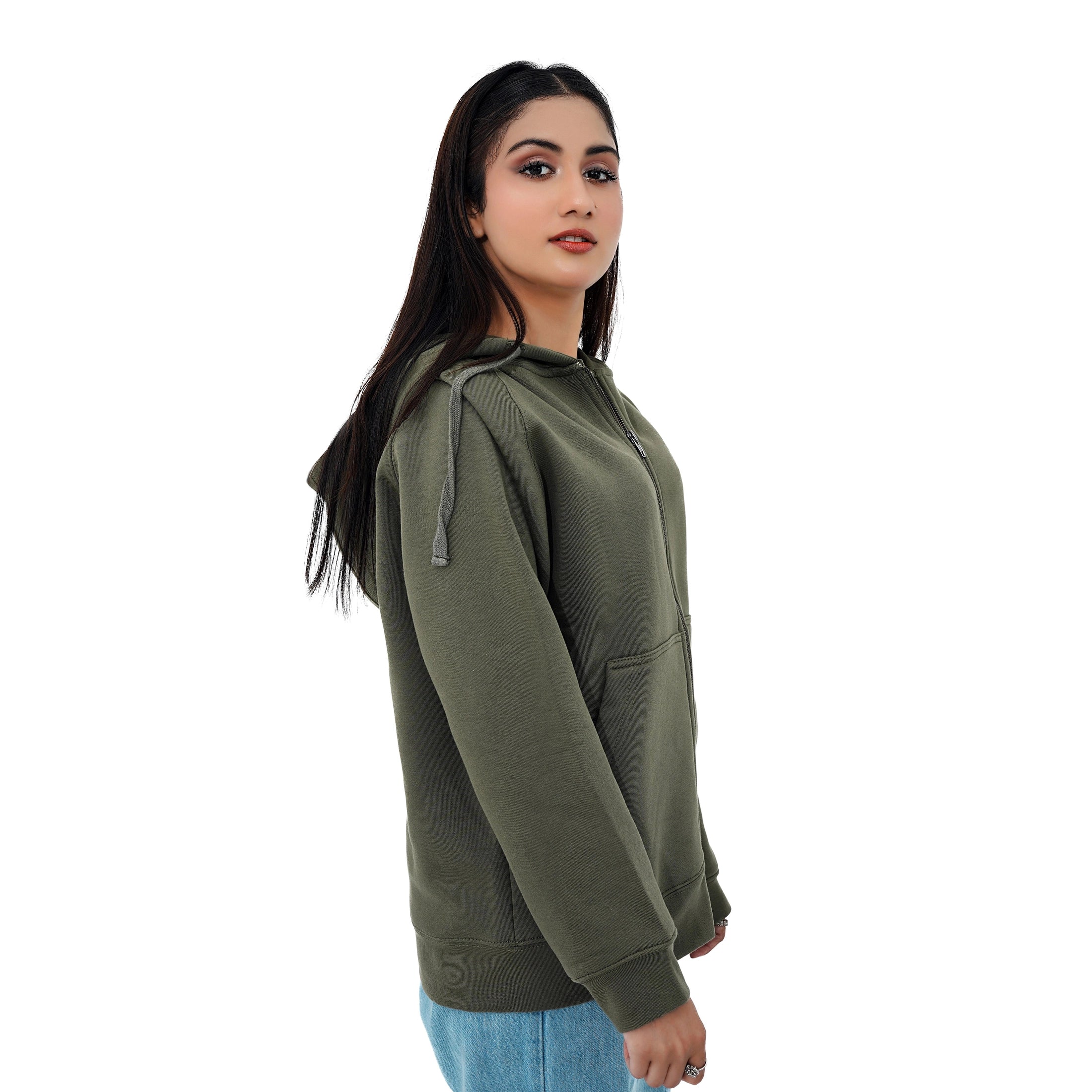 Soft Olive Luxe Zip Up Hoodie with a relaxed fit and front pocket for casual comfort