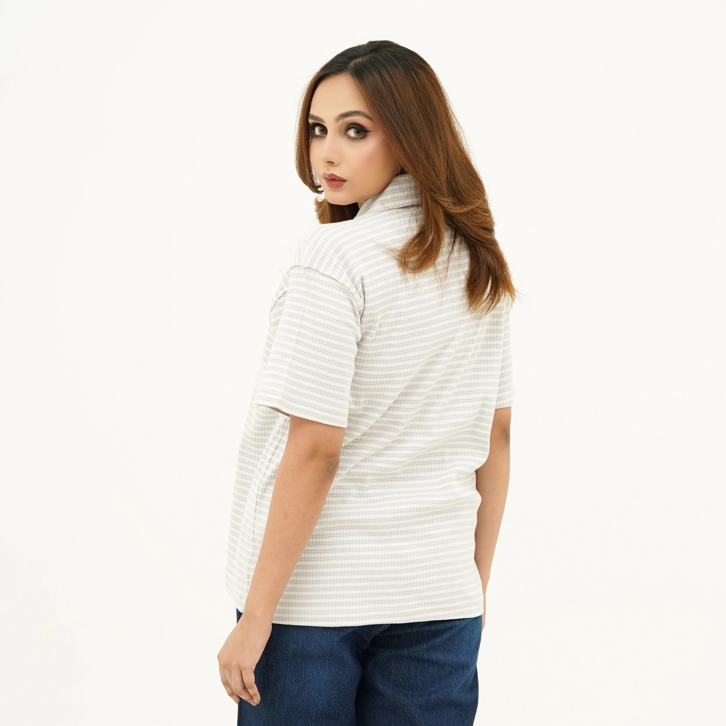 Back view of a Women's Striped Cream Button Down Polo shirt with a relaxed fit and short sleeves