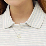 Close-up of BSG women's Striped Cream Button Down Polo with collar and button detail