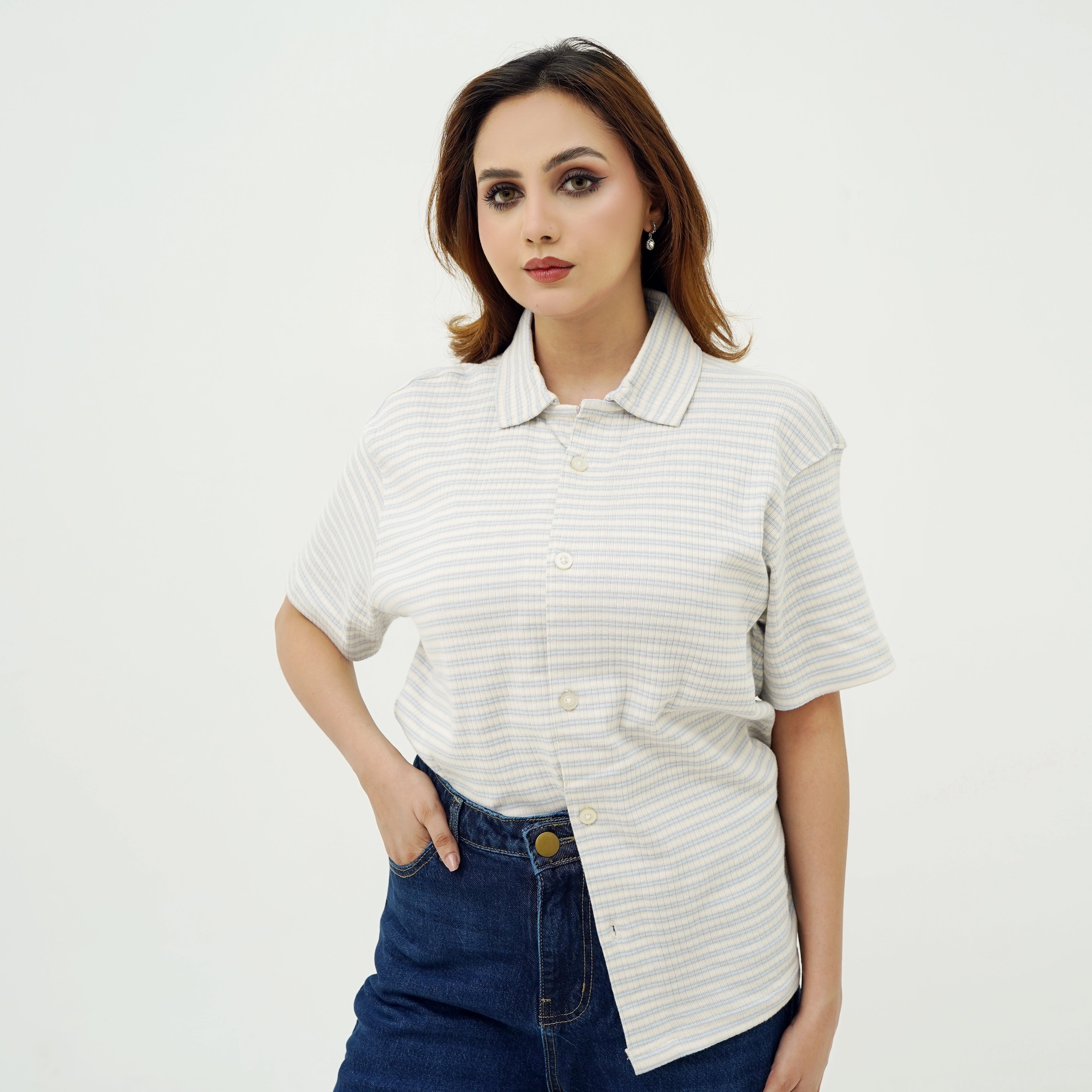 Striped Cream Button Down Polo shirt for women, featuring a relaxed fit and short sleeves