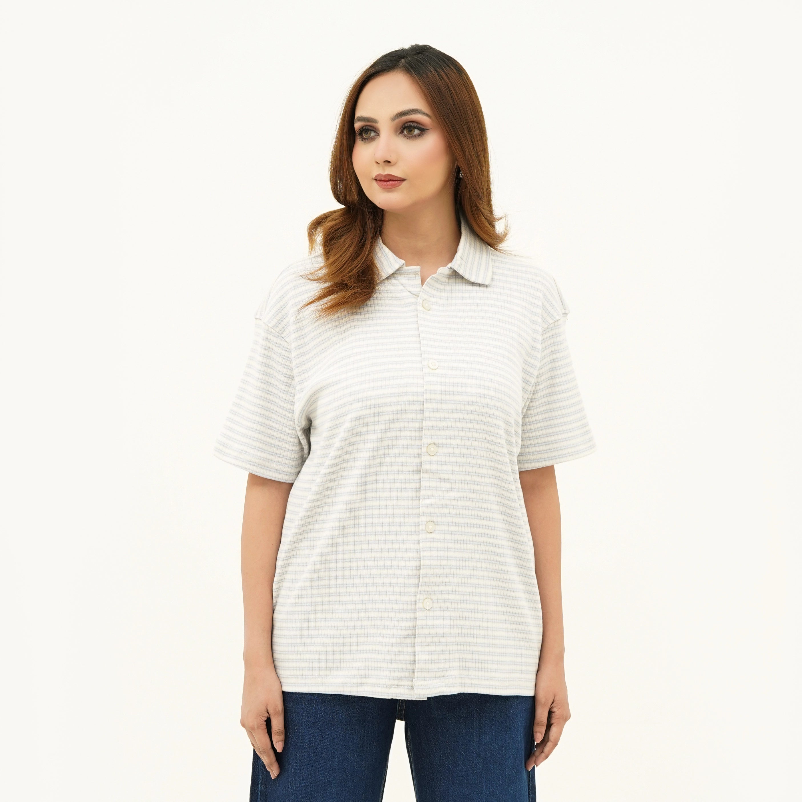 Women's Striped Cream Button Down Polo Shirt by BSG in casual style for everyday wear