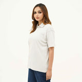 BSG women's Striped Cream Button Down Polo shirt with short sleeves and relaxed fit