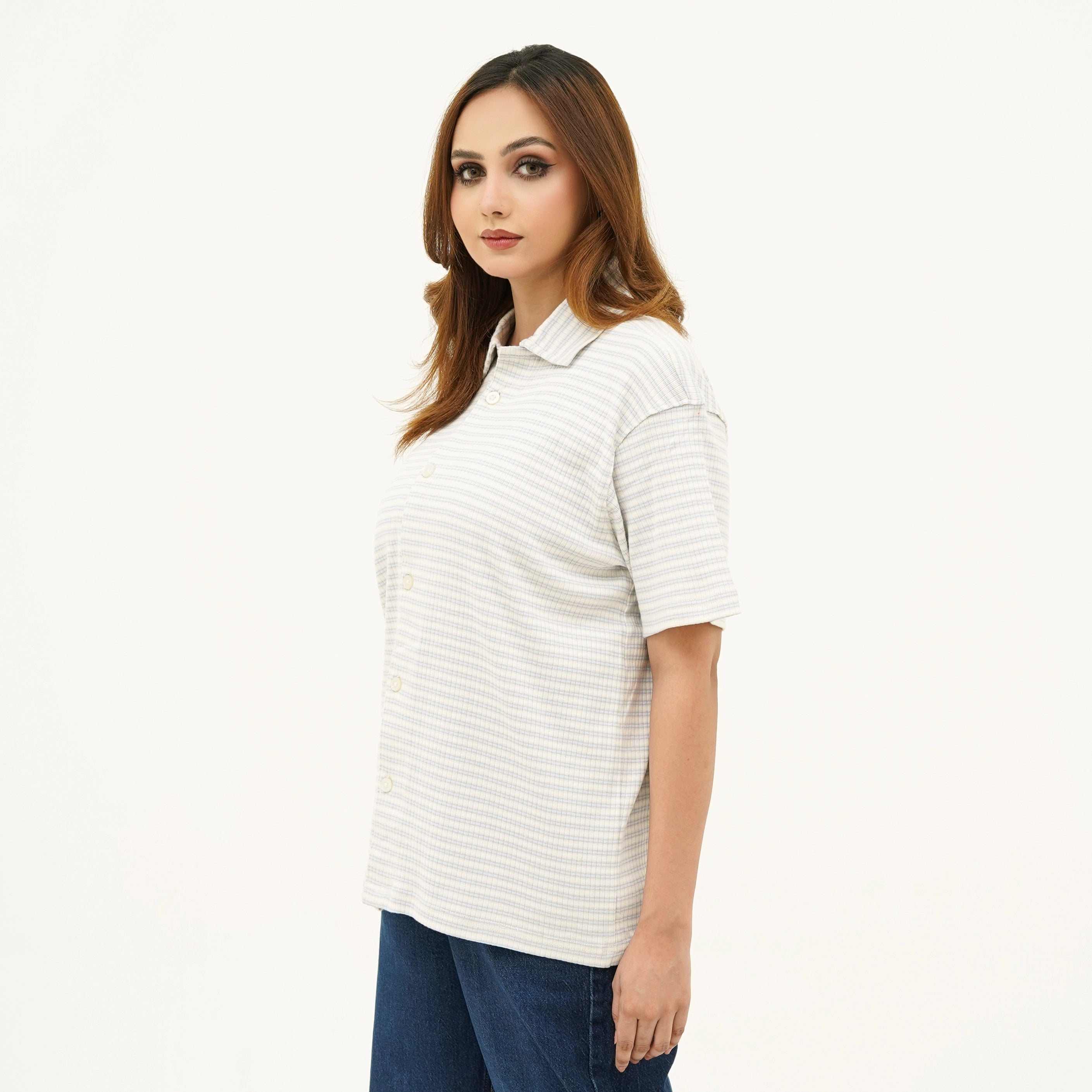 BSG Striped Cream Button Down Polo Shirt for women with a relaxed fit and short sleeves