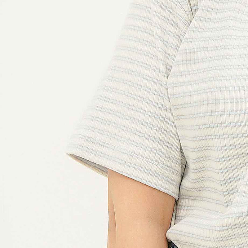 BSG women's Striped Cream Button Down Polo shirt sleeve close-up showing fabric texture