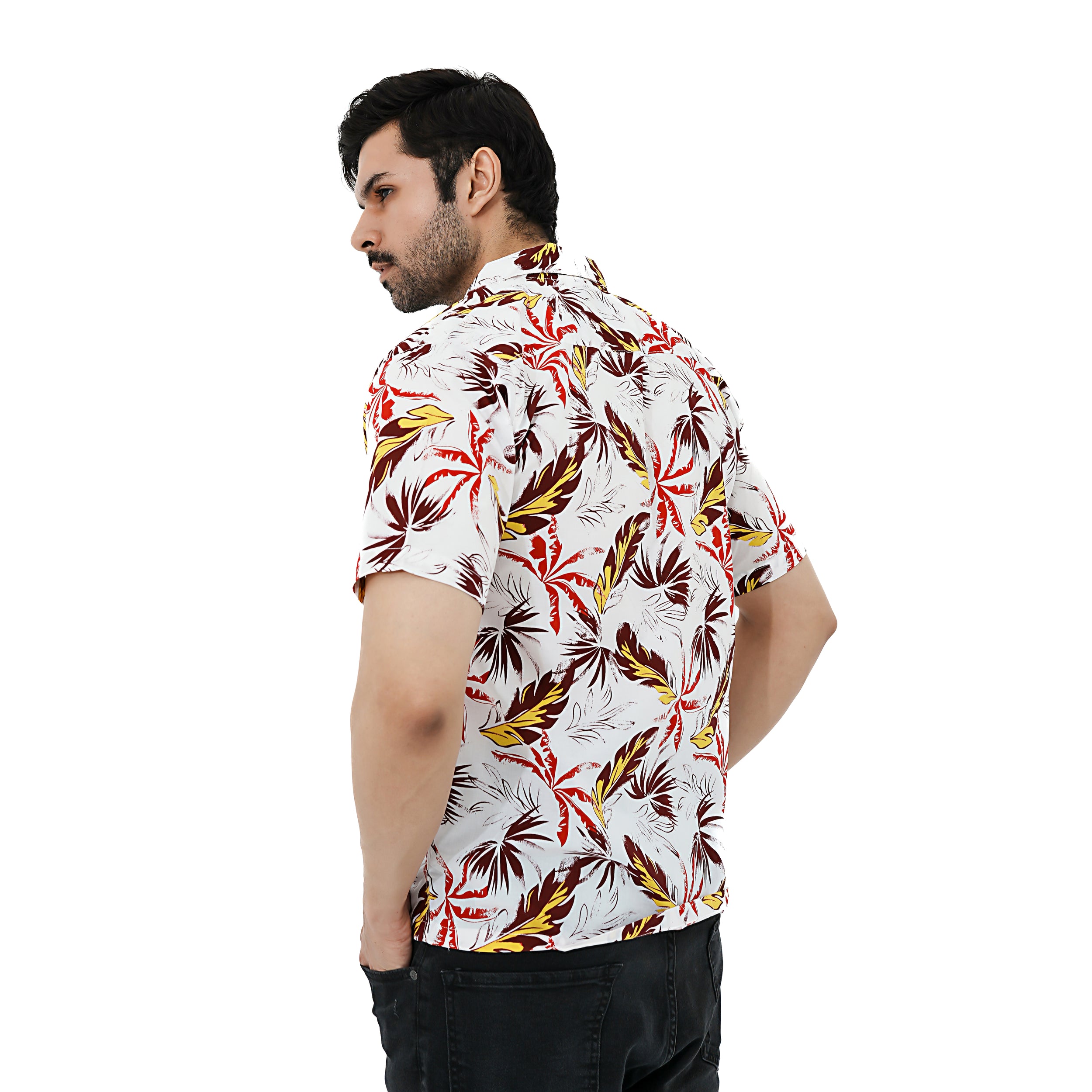 Men's Casual Shirt by BSG featuring a vibrant Tropical Leaf Print Shirt design in white, red, and green