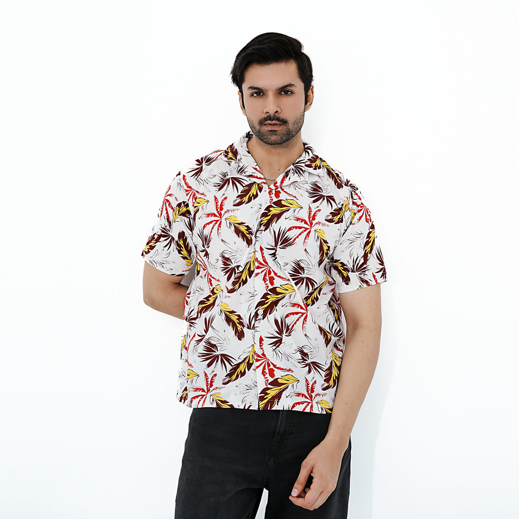 Men's Casual Tropical Leaf Print Shirt by BSG with vibrant colors and short sleeves