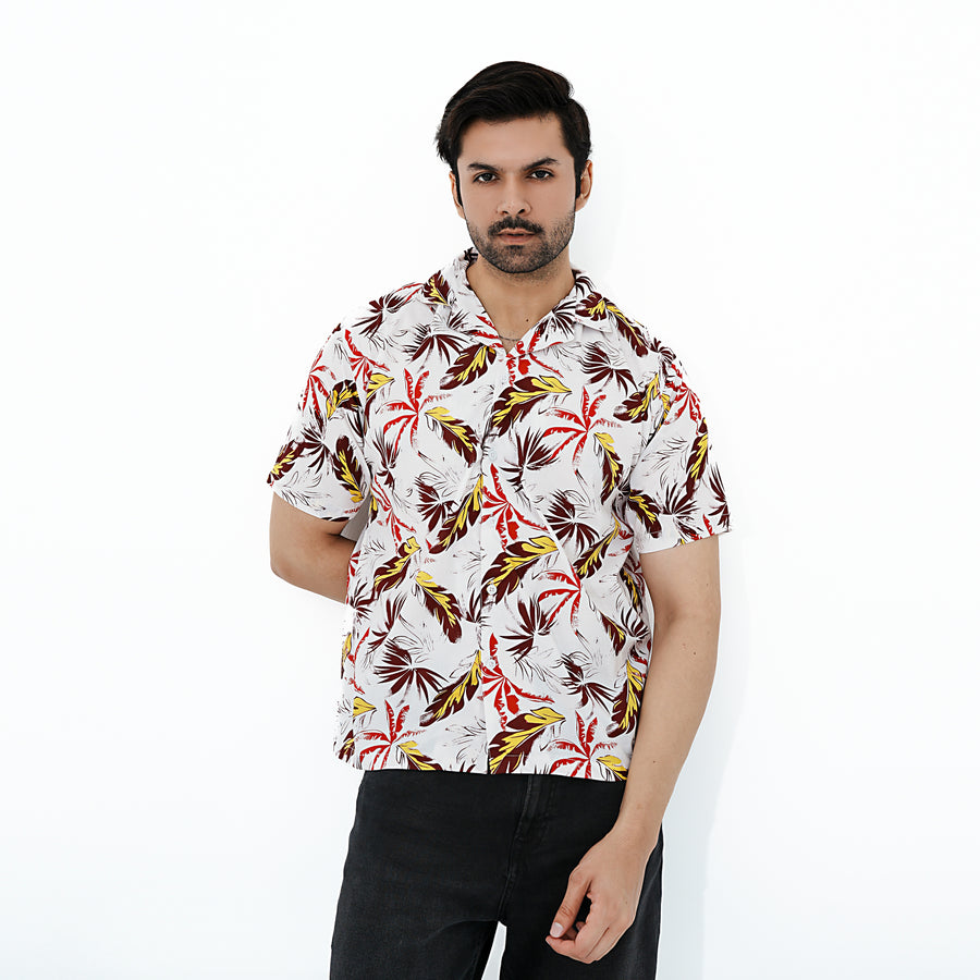 Men's Casual Tropical Leaf Print Shirt by BSG with vibrant colors and short sleeves