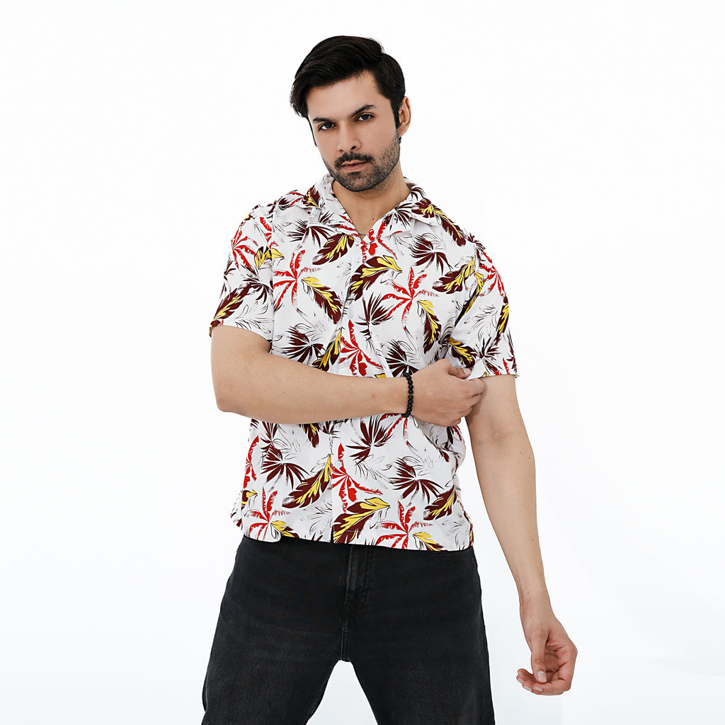 Men's Casual Tropical Leaf Print Shirt by BSG with vibrant leaf patterns for a stylish summer look