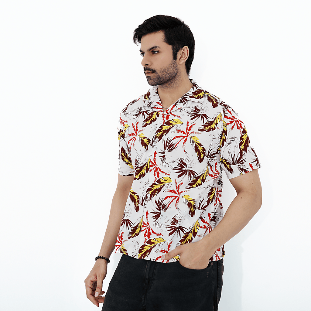 Men Casual Tropical Leaf Print Shirt by BSG with vibrant colors and short sleeves