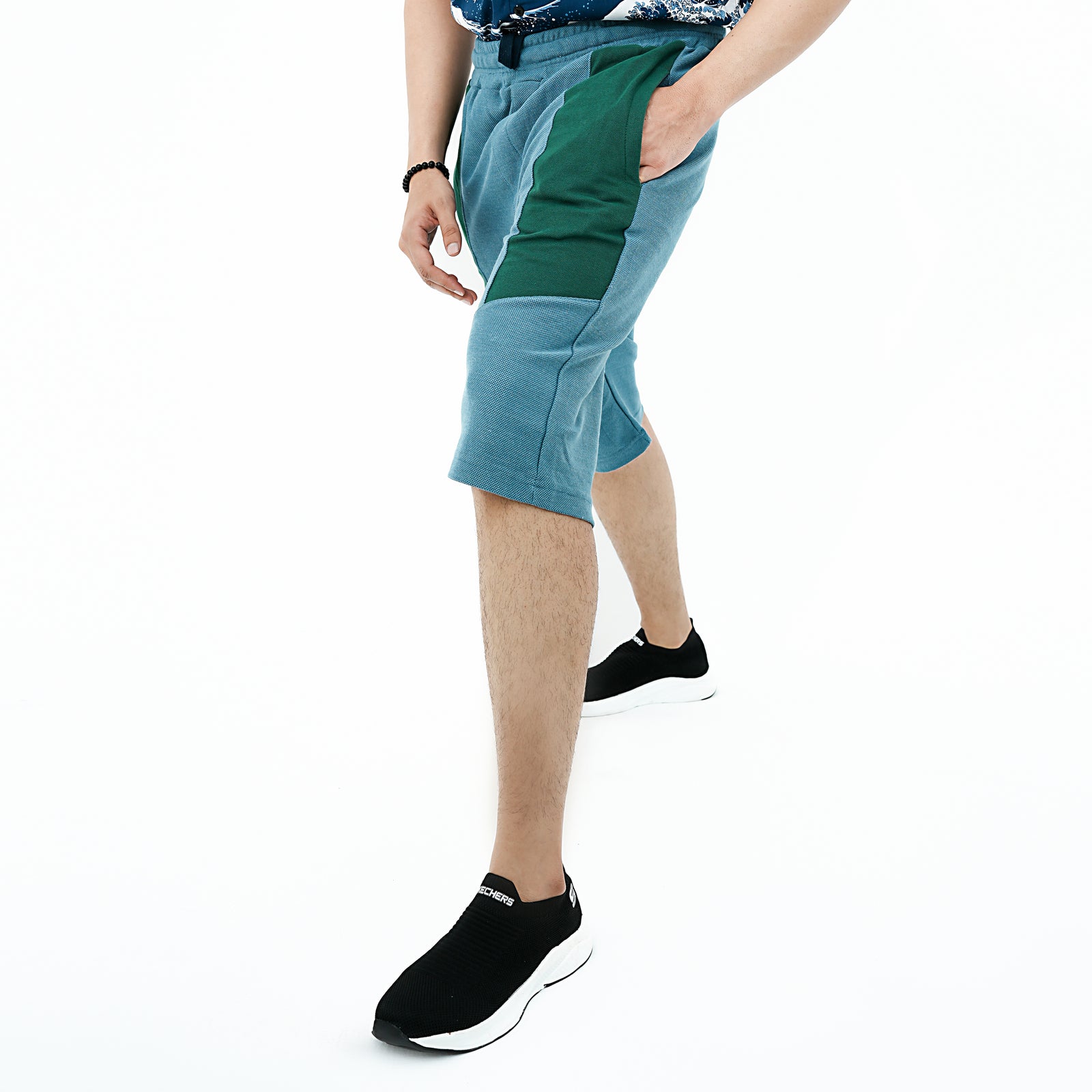 Two Tone Casual Shorts in blue and green with side pockets for everyday comfort