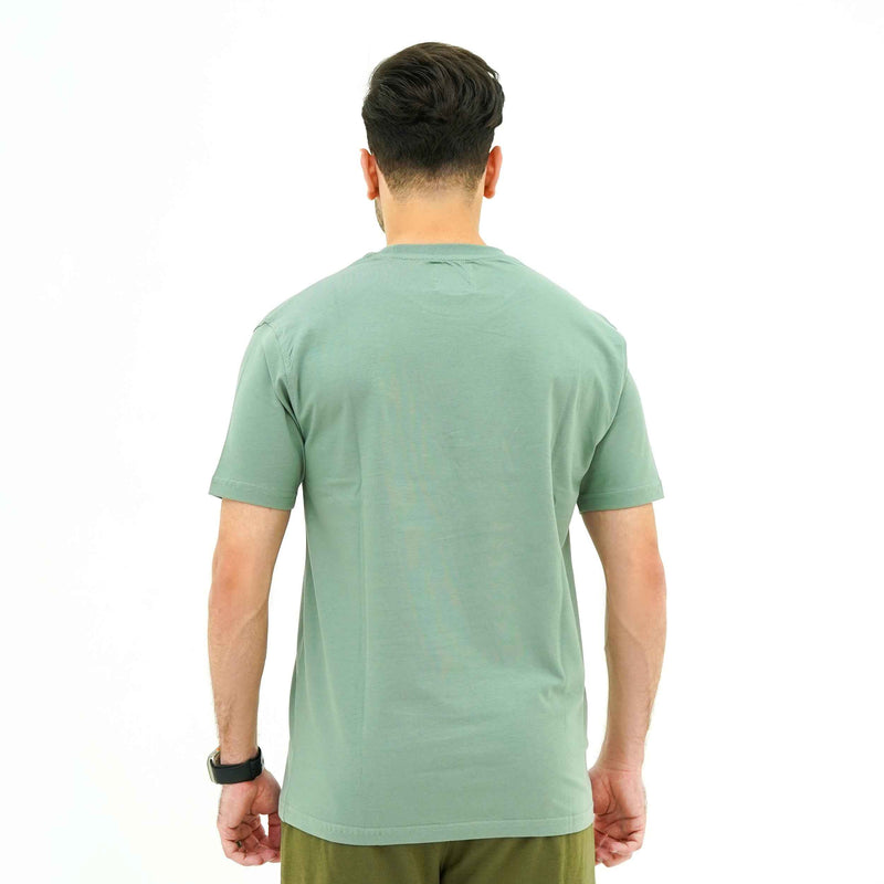 Back view of man wearing Verdant Charm Pistachio Luxe Tee Shirt by BSG in light green color