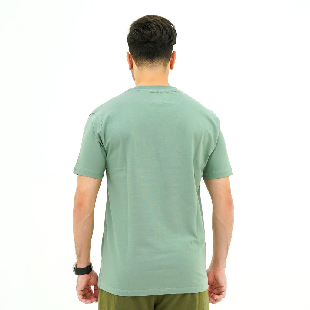 Back view of BSG Verdant Charm Pistachio Luxe Tee Shirt in soft fabric for men