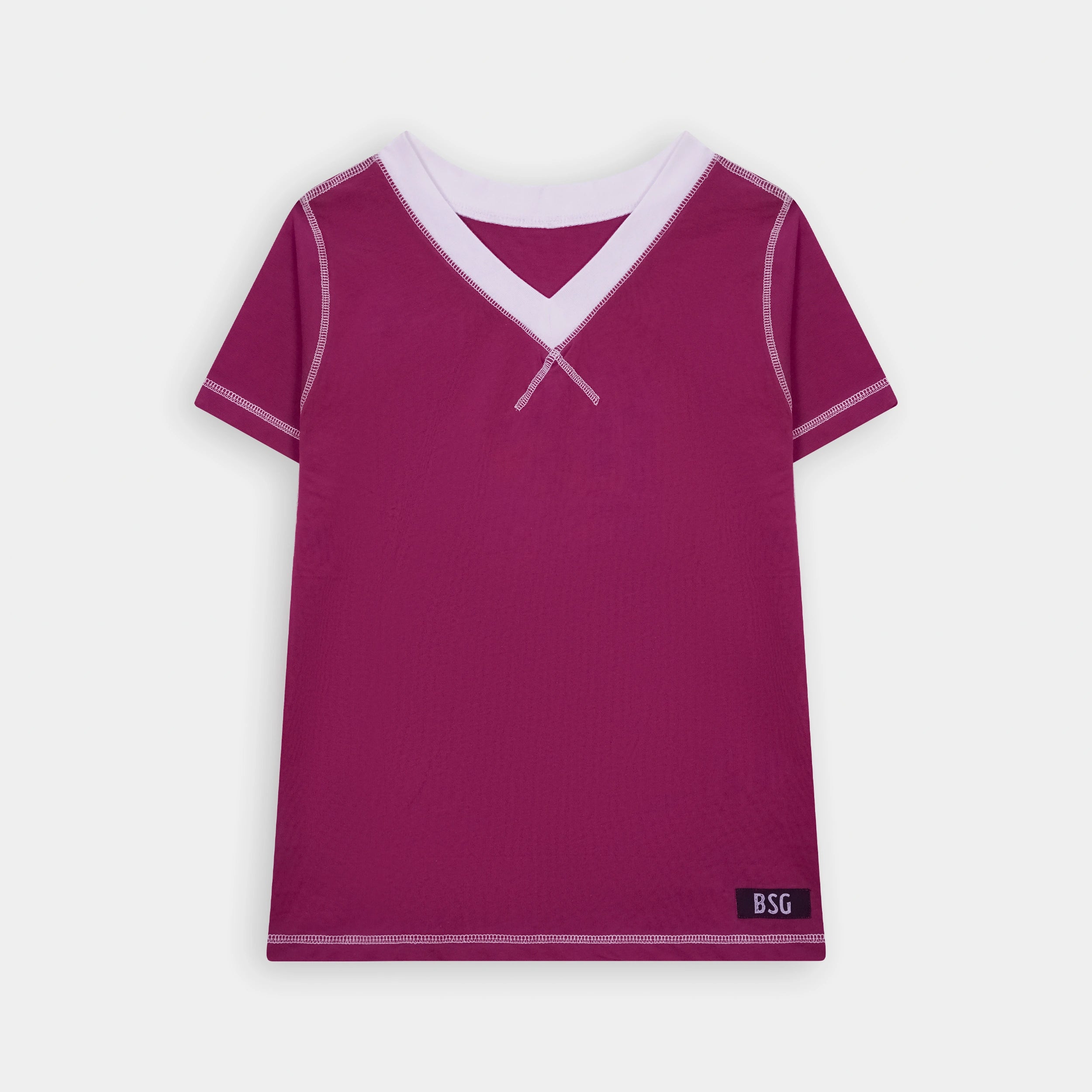 Stylish Women's White Contrast Trim Magenta V Neck T Shirt by BSG, perfect for casual outfits.